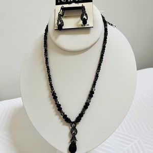 Black Beads Necklace with Marcasite Pendent and Matching Earrings Set